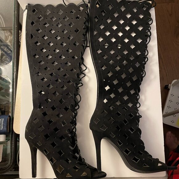 JUST FAB Lace up open toe gladiator knee high boots - Picture 1 of 6